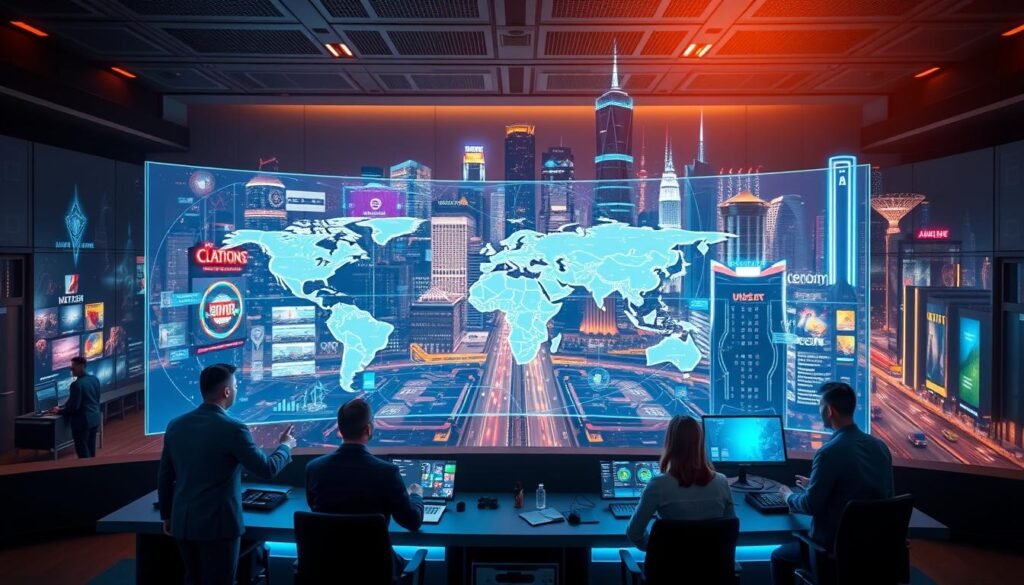 A detailed, photorealistic image of the UTown international gaming system integration, showcasing a harmonious blend of cutting-edge technology and global collaboration. The foreground depicts a sleek, ultramodern control center with holographic displays, gesture-controlled interfaces, and a team of skilled technicians monitoring the system's operations. The middle ground features a dynamic, three-dimensional world map highlighting the various international gaming partners and their interconnected data flows. In the background, a vibrant cityscape with towering skyscrapers and bustling streets reflects the global reach and scale of the UTown integration. The scene is illuminated by a warm, ambient lighting that creates a sense of professionalism and innovation.