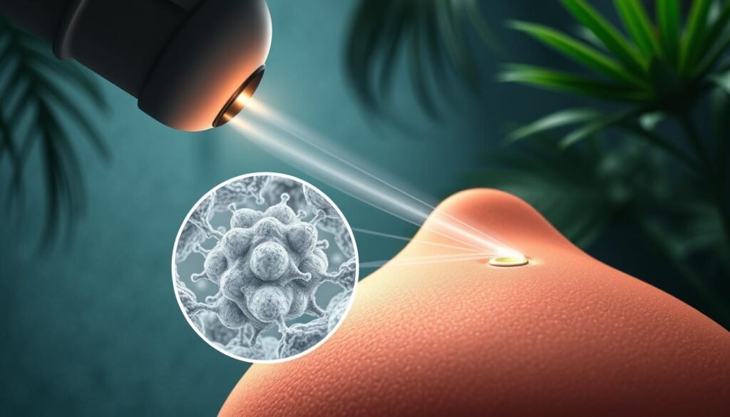 A detailed technical illustration showcasing the "derBeaute" collagen stimulation technology. Depicted is a cross-section view of skin, with the epidermis, dermis, and hypodermis layers clearly visible. In the foreground, an advanced BTL Exion collagen stimulation handpiece is shown, emitting focused energy beams that penetrate deep into the dermis. The middle ground reveals the microscopic mechanism, highlighting the stimulation of fibroblasts and the subsequent increase in collagen production. In the background, a subtle textured gradient conveys the humid, tropical environment. Realistic lighting from the side illuminates the technical details, creating depth and volume. The overall mood is one of scientific precision and clinical efficacy, befitting the medical skincare application. A detailed technical illustration showcasing the "derBeaute" collagen stimulation technology. Depicted is a cross-section view of skin, with the epidermis, dermis, and hypodermis layers clearly visible. In the foreground, an advanced BTL Exion collagen stimulation handpiece is shown, emitting focused energy beams that penetrate deep into the dermis. The middle ground reveals the microscopic mechanism, highlighting the stimulation of fibroblasts and the subsequent increase in collagen production. In the background, a subtle textured gradient conveys the humid, tropical environment. Realistic lighting from the side illuminates the technical details, creating depth and volume. The overall mood is one of scientific precision and clinical efficacy, befitting the medical skincare application.