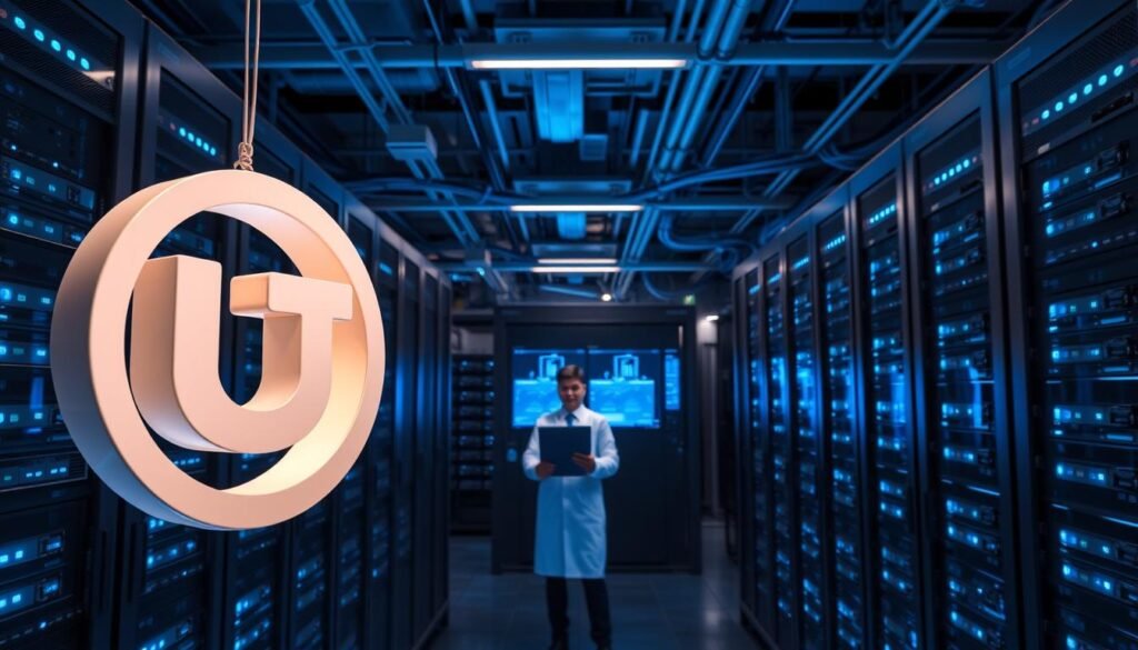 A sleek and modern data center interior with rows of server racks and glowing displays. In the foreground, a detailed 3D model of the UTown logo hovers, casting a soft glow. The middle ground features technicians in clean suits monitoring diagnostics screens, their faces illuminated by cool blue light. The background showcases a panoramic view of the server farm, the racks stacked high and connected by a web of cables and conduits. The overall scene conveys a sense of technological prowess, efficiency, and the relentless pursuit of platform stability and performance optimization.