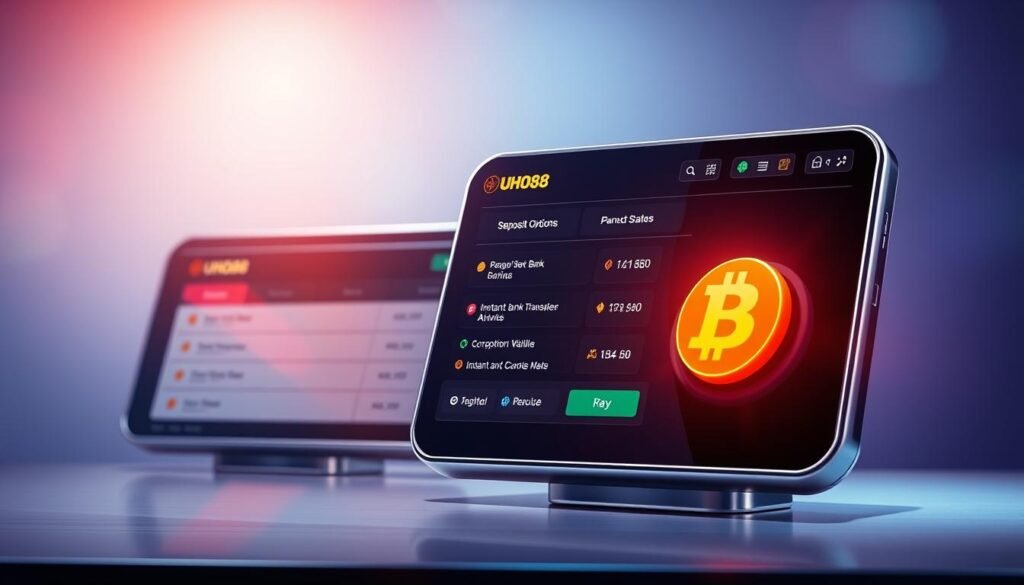 A sleek, modern digital payment interface with seamless transactions and secure encryption. A streamlined dashboard showcases the UHO88 casino's deposit options, including instant bank transfers and e-wallets. Vibrant colors and clean lines create a high-tech, trustworthy atmosphere. Gleaming metal and glass textures suggest reliability and advanced technology. Dynamic lighting and shadows lend depth, while a minimalist background allows the payment mechanism to take center stage. The overall aesthetic conveys efficiency, speed, and confidence in the UHO88 casino's financial systems. A sleek, modern digital payment interface with seamless transactions and secure encryption. A streamlined dashboard showcases the UHO88 casino's deposit options, including instant bank transfers and e-wallets. Vibrant colors and clean lines create a high-tech, trustworthy atmosphere. Gleaming metal and glass textures suggest reliability and advanced technology. Dynamic lighting and shadows lend depth, while a minimalist background allows the payment mechanism to take center stage. The overall aesthetic conveys efficiency, speed, and confidence in the UHO88 casino's financial systems.