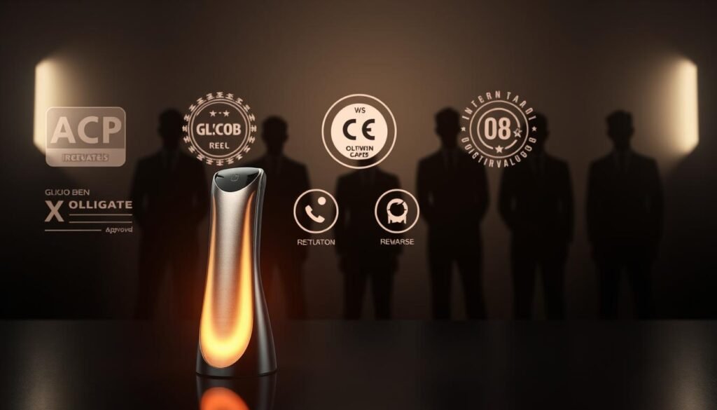 Oligio X 原美電波 - a series of sleek, high-tech devices showcasing the Glowin Beaute brand's international certifications. In the foreground, the flagship model radiates with a warm, futuristic glow, its brushed aluminum body subtly reflecting the studio lighting. In the middle ground, technical diagrams and seals of approval from regulatory bodies in multiple countries demonstrate the rigorous testing and validation these devices have undergone. The background features a moody, atmospheric backdrop of shadowy silhouettes and muted tones, creating a sense of professional credibility and industry expertise. The overall composition conveys the Oligio X 原美電波's cutting-edge technology, global recognition, and Glowin Beaute's commitment to quality and safety. Oligio X 原美電波 - a series of sleek, high-tech devices showcasing the Glowin Beaute brand's international certifications. In the foreground, the flagship model radiates with a warm, futuristic glow, its brushed aluminum body subtly reflecting the studio lighting. In the middle ground, technical diagrams and seals of approval from regulatory bodies in multiple countries demonstrate the rigorous testing and validation these devices have undergone. The background features a moody, atmospheric backdrop of shadowy silhouettes and muted tones, creating a sense of professional credibility and industry expertise. The overall composition conveys the Oligio X 原美電波's cutting-edge technology, global recognition, and Glowin Beaute's commitment to quality and safety.