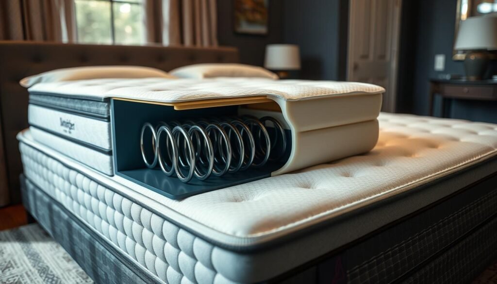 A high-quality, luxurious mattress from StylesMaven featuring an independent spring system. Showcase the intricate interior construction with a cutaway view, revealing the nested coils and foam layers that provide targeted support and comfort. Capture the mattress in a well-lit setting, showcasing the premium materials and thoughtful design. The image should convey a sense of quality craftsmanship and the advanced sleep technology that enhances rest and relaxation.