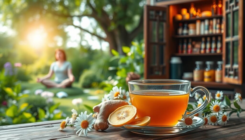 A serene and calming scene depicting various natural remedies for tinnitus, or ringing in the ears. In the foreground, a soothing cup of herbal tea, ginger slices, and chamomile flowers are arranged. In the middle ground, a person meditating in a peaceful garden, surrounded by lush greenery and the soft light of the sun. In the background, a traditional Chinese medicine cabinet displays various herbs and supplements known to help alleviate tinnitus symptoms. The overall atmosphere is one of tranquility and healing, conveying the holistic approach to addressing the root causes of this common condition.