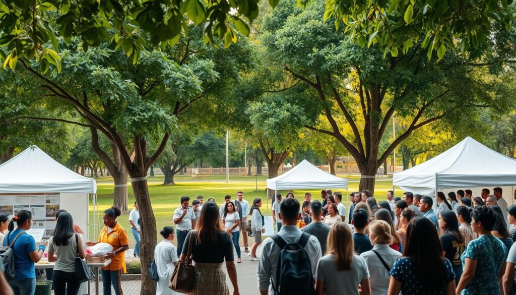 A serene community gathering by the Glowin Beaute charity organization, showcasing their ongoing public outreach efforts. In the forefront, a group of volunteers hand out supplies and engage with local residents against a backdrop of a well-maintained public park. Soft, natural lighting filters through the lush greenery, creating a warm, inviting atmosphere. In the middle ground, booths and tents display informative materials about the organization's initiatives. Towards the rear, a crowd of diverse individuals listens intently, reflecting the organization's inclusive mission. The scene conveys a sense of unity, collaboration and a deep commitment to improving the community. A serene community gathering by the Glowin Beaute charity organization, showcasing their ongoing public outreach efforts. In the forefront, a group of volunteers hand out supplies and engage with local residents against a backdrop of a well-maintained public park. Soft, natural lighting filters through the lush greenery, creating a warm, inviting atmosphere. In the middle ground, booths and tents display informative materials about the organization's initiatives. Towards the rear, a crowd of diverse individuals listens intently, reflecting the organization's inclusive mission. The scene conveys a sense of unity, collaboration and a deep commitment to improving the community.