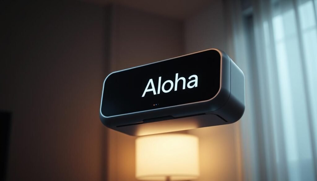 A sleek, futuristic smart captioning device with the Aloha brand name prominently displayed. The device features a minimalist, metallic design with a large, high-resolution display and advanced voice recognition capabilities. Floating in a dimly lit, atmospheric environment with soft, ambient lighting, the captioning device conveys a sense of intelligent, cutting-edge technology ready to transform the future of smart home and accessibility applications. The camera captures the device from a slightly low angle, emphasizing its modern, sophisticated aesthetic.
