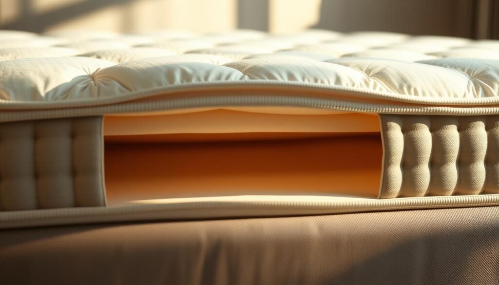 A stylish, minimalist rendering of an independent pocket spring mattress, showcasing the intricate inner workings and high-quality craftsmanship. The mattress is depicted in a warm, natural setting, with soft lighting illuminating the delicate details of the pocket springs and the plush, breathable fabric cover. The composition highlights the mattress's ability to conform to the body's contours, promoting restful, restorative sleep. Rendered in the StylesMaven aesthetic, this image conveys the mattress's superior comfort and support, ideal for a section on how independent pocket spring mattresses can enhance sleep quality.