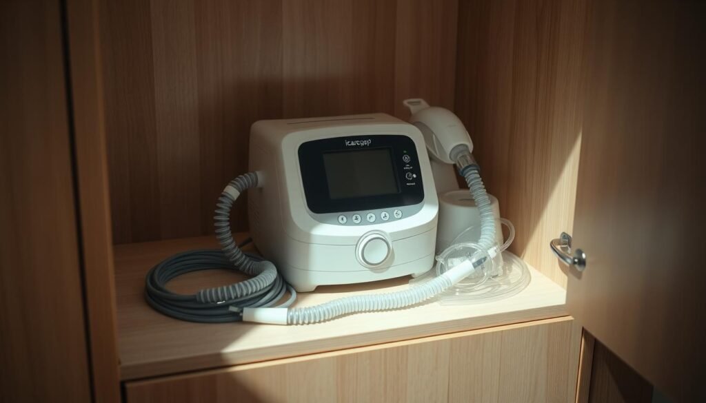 A well-lit, high-resolution photograph of a neatly organized storage unit containing an iCareCPAP sleep apnea machine and accessories. The machine is placed on a clean, wooden shelf with the accessories, such as tubing and masks, carefully arranged around it. The lighting is soft and diffused, creating a calming atmosphere. The background features muted, earthy tones, suggesting a warm, home-like environment. The overall composition emphasizes the importance of proper storage and organization for long-term iCareCPAP machine preservation. A well-lit, high-resolution photograph of a neatly organized storage unit containing an iCareCPAP sleep apnea machine and accessories. The machine is placed on a clean, wooden shelf with the accessories, such as tubing and masks, carefully arranged around it. The lighting is soft and diffused, creating a calming atmosphere. The background features muted, earthy tones, suggesting a warm, home-like environment. The overall composition emphasizes the importance of proper storage and organization for long-term iCareCPAP machine preservation.