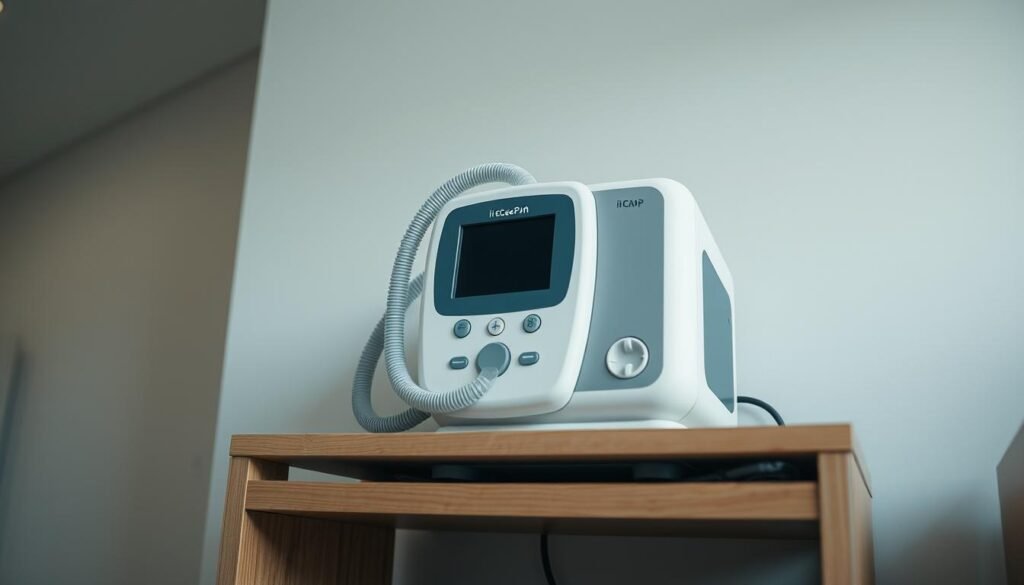 A well-organized and neatly arranged storage solution for an iCareCPAP sleep apnea machine. The device rests on a modern wooden or metal shelving unit, with ample space around it for airflow and easy access. The background features a clean, minimalist interior with muted colors, emphasizing the importance of proper storage. Soft, diffused lighting gently illuminates the scene, creating a calming, clinical atmosphere. The overall composition conveys a sense of efficiency, organization, and care for the sensitive medical equipment. A well-organized and neatly arranged storage solution for an iCareCPAP sleep apnea machine. The device rests on a modern wooden or metal shelving unit, with ample space around it for airflow and easy access. The background features a clean, minimalist interior with muted colors, emphasizing the importance of proper storage. Soft, diffused lighting gently illuminates the scene, creating a calming, clinical atmosphere. The overall composition conveys a sense of efficiency, organization, and care for the sensitive medical equipment.