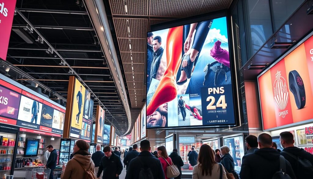 Generate an image of a retail store using a LED display screen for advertising