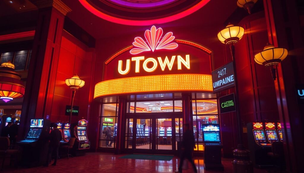 A bustling, neon-lit casino entrance with the prominent "UTown" branding, illuminated by warm lighting and reflective surfaces. The scene conveys a vibrant, 24/7 atmosphere, with a smooth, seamless transition from the exterior to the interior, suggesting uninterrupted, round-the-clock cash-out services. The image should feel immersive, with a sense of depth and attention to architectural details that evoke a luxurious, high-end gambling establishment. A bustling, neon-lit casino entrance with the prominent "UTown" branding, illuminated by warm lighting and reflective surfaces. The scene conveys a vibrant, 24/7 atmosphere, with a smooth, seamless transition from the exterior to the interior, suggesting uninterrupted, round-the-clock cash-out services. The image should feel immersive, with a sense of depth and attention to architectural details that evoke a luxurious, high-end gambling establishment.