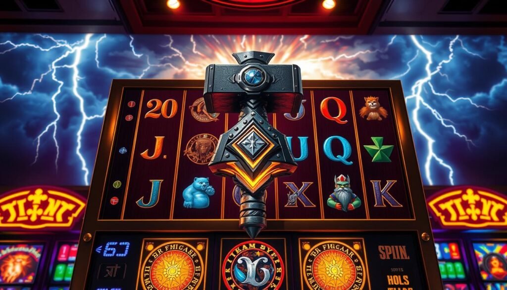 A captivating slot machine featuring the mighty Thor's hammer, surrounded by a vibrant UTown casino atmosphere. The reels spin against a backdrop of dramatic lightning bolts and thunderous clouds, creating an electrifying gaming experience. Intricate Norse runes and mythical symbols adorn the machine, inviting players to test their luck and claim epic rewards. Warm, dramatic lighting illuminates the scene, casting a sense of anticipation and excitement. The slot machine's sleek, modern design is meticulously crafted, drawing the viewer's attention to the thrilling gameplay at hand.