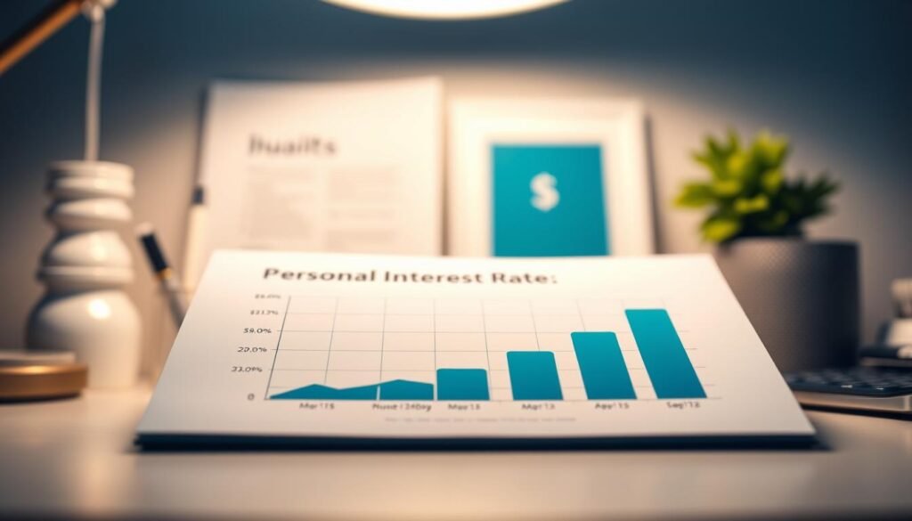 A close-up view of a personal loan interest rate chart, displayed on a modern, minimalist desk setup. The chart is rendered in shades of blue and green, with clean lines and simple data visualizations. Soft, diffused lighting from above creates a warm, professional atmosphere, while a blurred background of office supplies and decor elements provides context. The overall impression is one of clarity, precision, and attention to detail - reflecting the "individual credit interest rate myths analysis" theme.