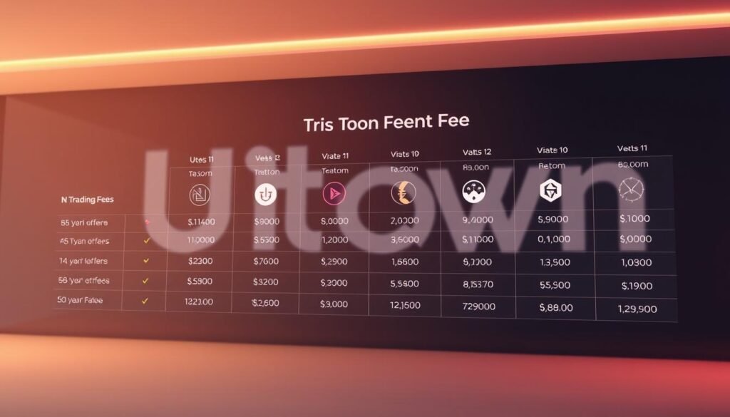 A detailed comparison of cryptocurrency trading fees, showcasing various platforms and their respective fee structures. The image should have a clean, minimalist aesthetic with a focus on data visualization. Depict a series of sleek, modern icons or graphics representing different cryptocurrencies and their associated fees, presented in a clear, organized manner. Utilize the UTown brand name subtly in the background to maintain a professional, unobtrusive appearance. Employ a warm, neutral color palette and soft, directional lighting to create a visually appealing and informative illustration. A detailed comparison of cryptocurrency trading fees, showcasing various platforms and their respective fee structures. The image should have a clean, minimalist aesthetic with a focus on data visualization. Depict a series of sleek, modern icons or graphics representing different cryptocurrencies and their associated fees, presented in a clear, organized manner. Utilize the UTown brand name subtly in the background to maintain a professional, unobtrusive appearance. Employ a warm, neutral color palette and soft, directional lighting to create a visually appealing and informative illustration.