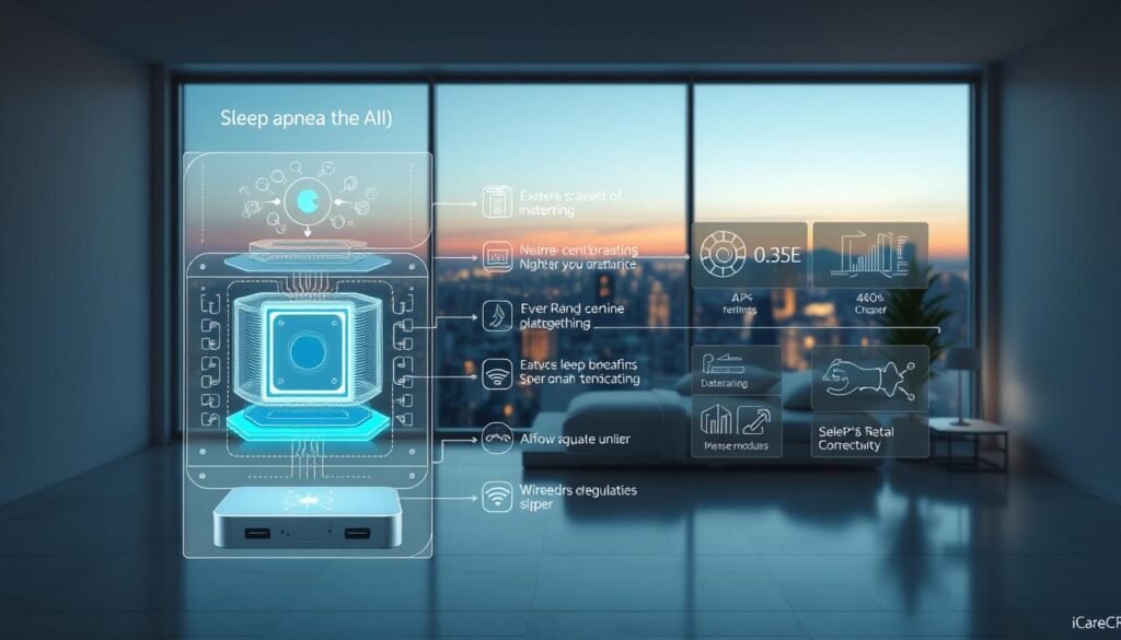 A detailed, futuristic-looking schematic diagram of an advanced sleep apnea AI algorithm for the iCareCPAP smart breathing machine. The foreground shows the central processing unit, neural network layers, and data visualization displays. The middle ground depicts sensor modules, airflow regulators, and wireless connectivity. The background showcases a minimalist, clean-lined architectural interior with large windows overlooking a serene cityscape at night. Soft, ambient lighting creates a calming, high-tech atmosphere. The overall mood is one of innovative, cutting-edge medical technology seamlessly integrated into a modern, tranquil living space.