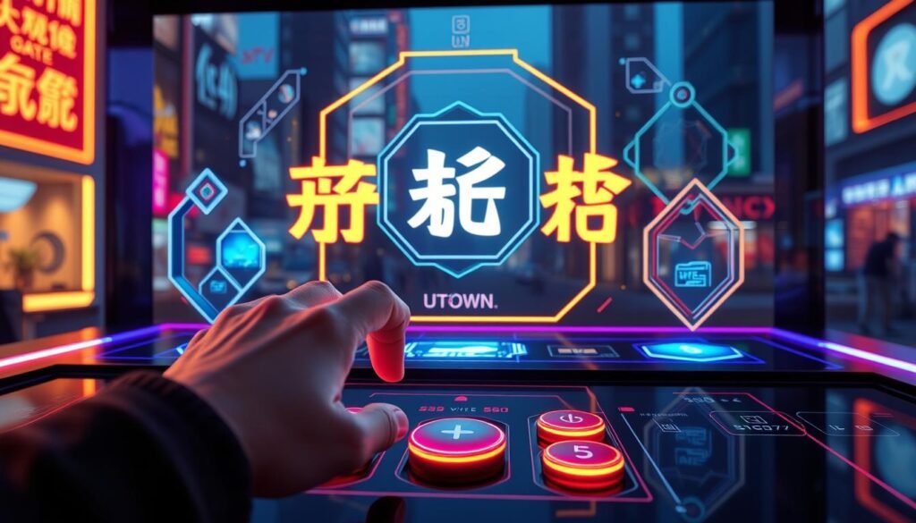 A detailed, high-quality rendering of a blockchain-powered hash game called "哈希遊戲" featured in UTown entertainment center. The game's interface is sleekly designed, with a futuristic, neon-tinged aesthetic. Holographic displays and transparent geometric shapes hover over a dark, reflective surface, conveying a sense of technological sophistication and transparency. In the foreground, a hand interacts with the game controls, highlighting the user experience. The background features a blurred cityscape, evoking the urban setting of UTown and the progressive, tech-driven nature of the game.