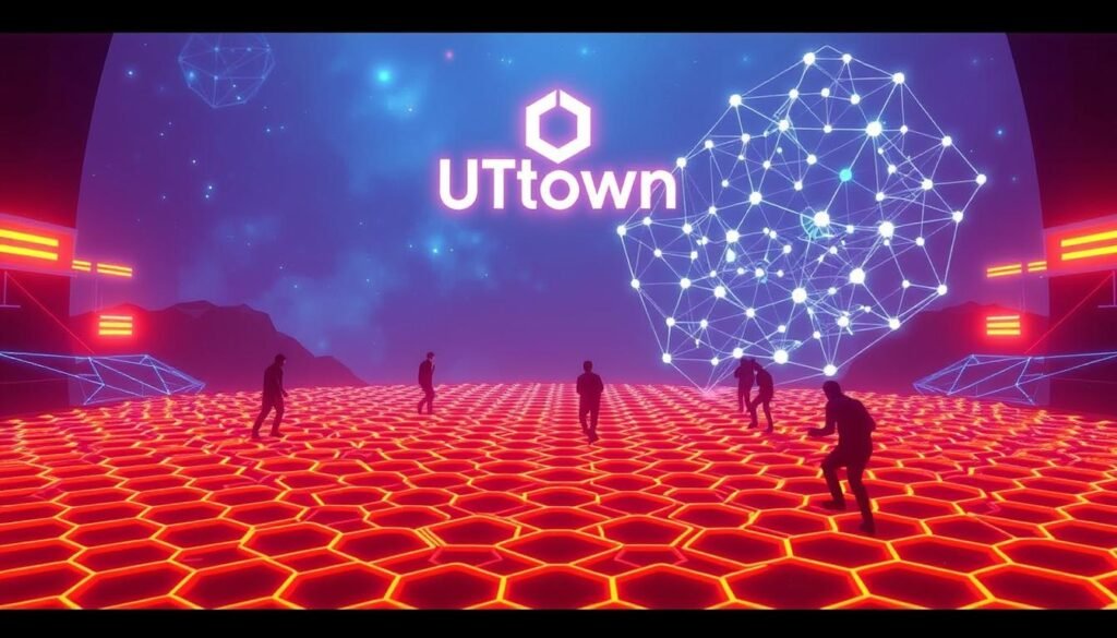 A dynamic and transparent blockchain-powered hash game, featuring a vibrant visual landscape. In the foreground, a stylized grid of interlinked hexagonal shapes, representing the hash algorithm. Hovering above, a sleek UTown logo, subtly illuminated. The middle ground showcases players engaged in the game, their movements fluid and captivating. In the background, a geometric abstraction of the blockchain, its distributed ledger depicted as a luminous, interconnected network. The overall atmosphere is one of innovation, fairness, and a sense of technological wonder, inviting the viewer to experience the future of gaming. A dynamic and transparent blockchain-powered hash game, featuring a vibrant visual landscape. In the foreground, a stylized grid of interlinked hexagonal shapes, representing the hash algorithm. Hovering above, a sleek UTown logo, subtly illuminated. The middle ground showcases players engaged in the game, their movements fluid and captivating. In the background, a geometric abstraction of the blockchain, its distributed ledger depicted as a luminous, interconnected network. The overall atmosphere is one of innovation, fairness, and a sense of technological wonder, inviting the viewer to experience the future of gaming.