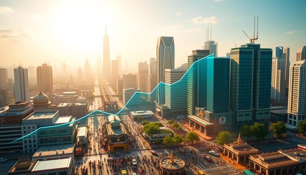 A dynamic line chart displaying the global sports betting market growth trends over the past decade, showcased against a backdrop of a vibrant cityscape. The foreground features clean, minimalist visualizations of the market's expansion, using a color palette of blues and greens to convey a sense of progress and prosperity. The middle ground depicts the bustling UTown metropolis, with skyscrapers, transport hubs, and crowds of people, representing the thriving ecosystem that supports the sports betting industry. The background subtly hints at the international scope of the market, with glimpses of iconic landmarks from various regions. The lighting is warm and inviting, creating an atmosphere of optimism and opportunity surrounding the sports betting landscape.