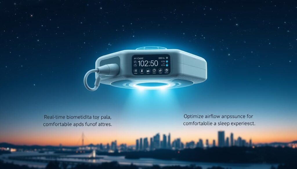 A futuristic illustration of the iCareCPAP sleep apnea device, with a sleek and advanced AI-powered control panel. The device hovers above a serene nighttime landscape, emitting a soft, calming glow. The background features a tranquil cityscape, with skyscrapers and a starry sky. The device's panels display real-time biometric data and intelligent algorithms that optimize airflow and pressure for a comfortable, personalized sleep experience. The overall mood is one of technological innovation seamlessly integrated with natural, peaceful surroundings. A futuristic illustration of the iCareCPAP sleep apnea device, with a sleek and advanced AI-powered control panel. The device hovers above a serene nighttime landscape, emitting a soft, calming glow. The background features a tranquil cityscape, with skyscrapers and a starry sky. The device's panels display real-time biometric data and intelligent algorithms that optimize airflow and pressure for a comfortable, personalized sleep experience. The overall mood is one of technological innovation seamlessly integrated with natural, peaceful surroundings.