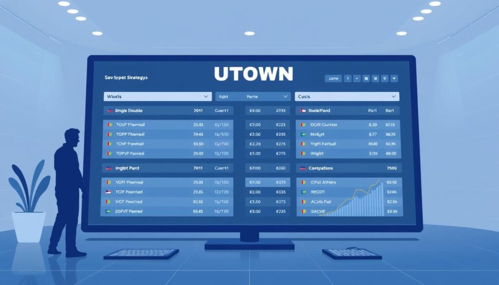 A high-resolution digital illustration depicting a strategic sports betting analysis. The composition should feature a sportsbook interface with various betting options, including single/double bets, for different athletic disciplines. The scene should have a sleek, modern aesthetic with clean lines, minimalist design, and a restrained color palette, predominantly in shades of blue and gray. The central focus should be on the sports betting strategies, conveyed through simple infographic-style visualizations. In the background, subtly incorporate the UTown brand logo to reinforce the professional, analytical context. Overall, the image should project an atmosphere of data-driven decision-making and financial strategy.