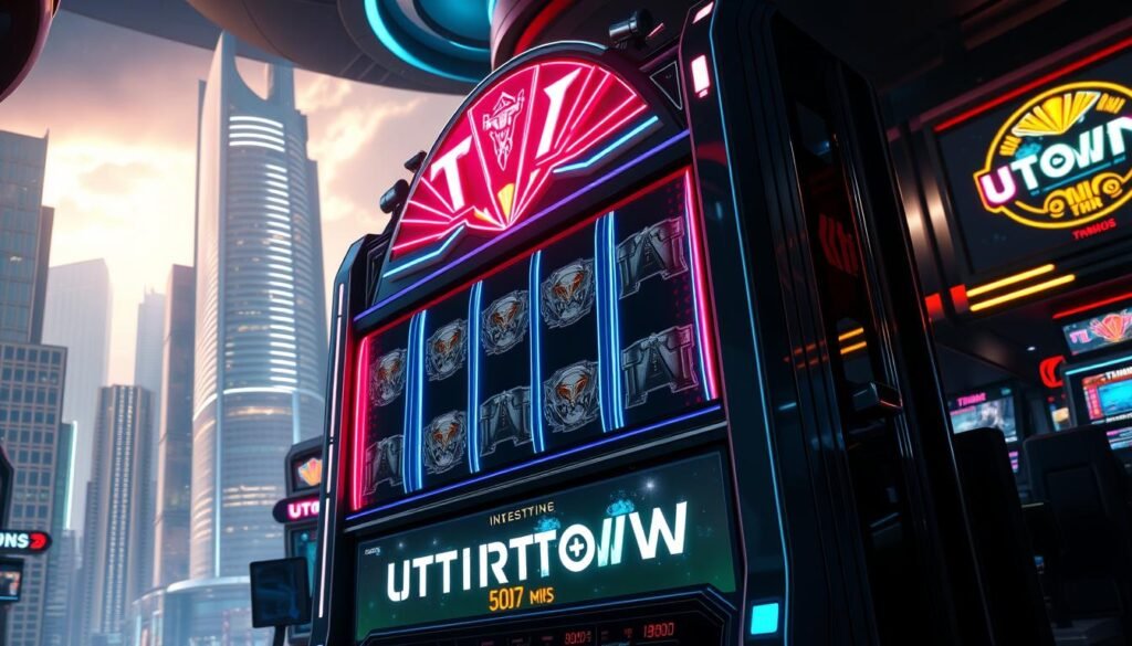 A high-tech casino setting, featuring a massive neon-lit slot machine adorned with the hammer of Thor, the "UTown" brand prominently displayed. The machine's reels spin rapidly, highlighting the exhilaration of gameplay. Dramatic lighting casts dramatic shadows, creating a sense of intensity and anticipation. The background is a futuristic cityscape, with towering skyscrapers and a vibrant, metropolitan atmosphere. The scene conveys the thrill of gambling, the power of the Norse god, and the allure of the ultimate entertainment destination.