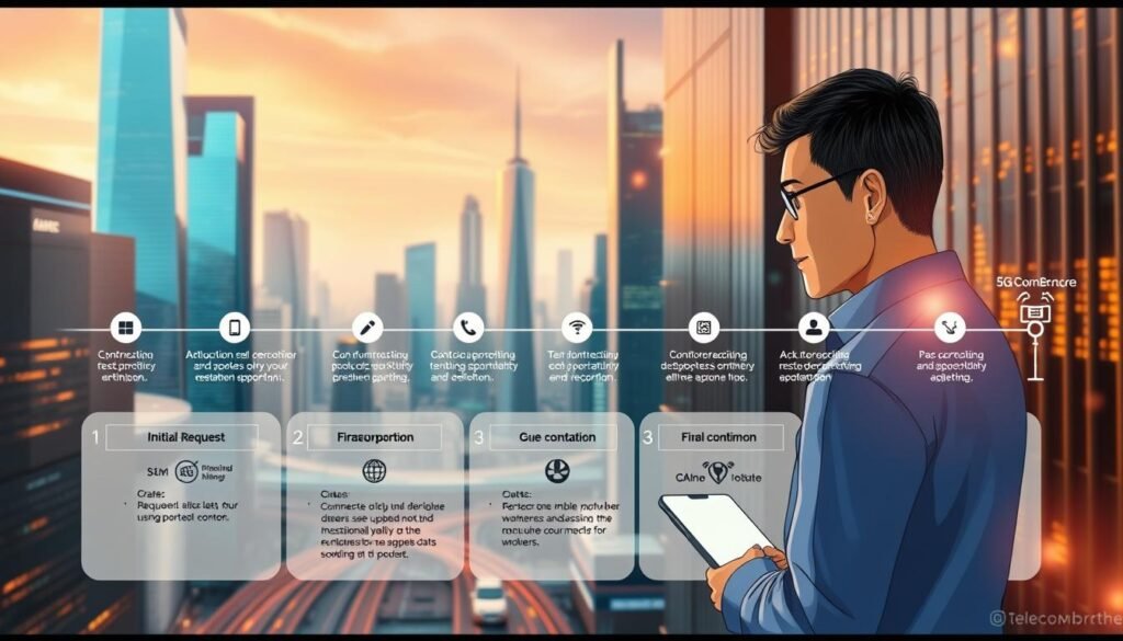 A meticulously illustrated step-by-step process of the Telecombrother 5G number porting workflow. In the foreground, a detailed diagram showcases the key stages, from initiating the request to final confirmation. The middle ground depicts supporting personnel guiding customers through the transition, their expressions conveying professionalism and empathy. In the background, a futuristic 5G cityscape sets the stage, with sleek skyscrapers and glowing network infrastructure evoking a sense of technological progress. Warm lighting casts a reassuring glow, while subtle lens flares enhance the modern, high-tech atmosphere. This comprehensive, visually striking image encapsulates the smooth, hassle-free 5G number porting experience Telecombrother aims to deliver. A meticulously illustrated step-by-step process of the Telecombrother 5G number porting workflow. In the foreground, a detailed diagram showcases the key stages, from initiating the request to final confirmation. The middle ground depicts supporting personnel guiding customers through the transition, their expressions conveying professionalism and empathy. In the background, a futuristic 5G cityscape sets the stage, with sleek skyscrapers and glowing network infrastructure evoking a sense of technological progress. Warm lighting casts a reassuring glow, while subtle lens flares enhance the modern, high-tech atmosphere. This comprehensive, visually striking image encapsulates the smooth, hassle-free 5G number porting experience Telecombrother aims to deliver.