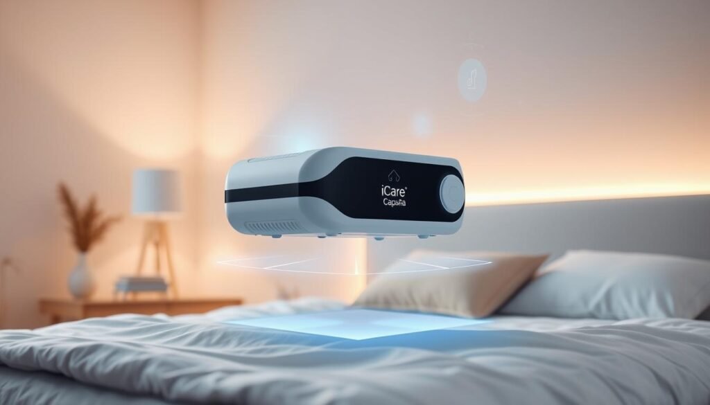 A modern, sleek sleep apnea machine with intuitive iCareCPAP branding, hovering over a serene, minimalist bedroom scene. Soft, ambient lighting creates a calming atmosphere. The device's advanced AI-powered algorithms are depicted through a subtle, holographic user interface. The machine's streamlined design and intelligent features symbolize the evolution of smart sleep technology. The composition emphasizes the intersection of medical equipment and contemporary home decor, reflecting the seamless integration of intelligent sleep solutions into daily life. A modern, sleek sleep apnea machine with intuitive iCareCPAP branding, hovering over a serene, minimalist bedroom scene. Soft, ambient lighting creates a calming atmosphere. The device's advanced AI-powered algorithms are depicted through a subtle, holographic user interface. The machine's streamlined design and intelligent features symbolize the evolution of smart sleep technology. The composition emphasizes the intersection of medical equipment and contemporary home decor, reflecting the seamless integration of intelligent sleep solutions into daily life.