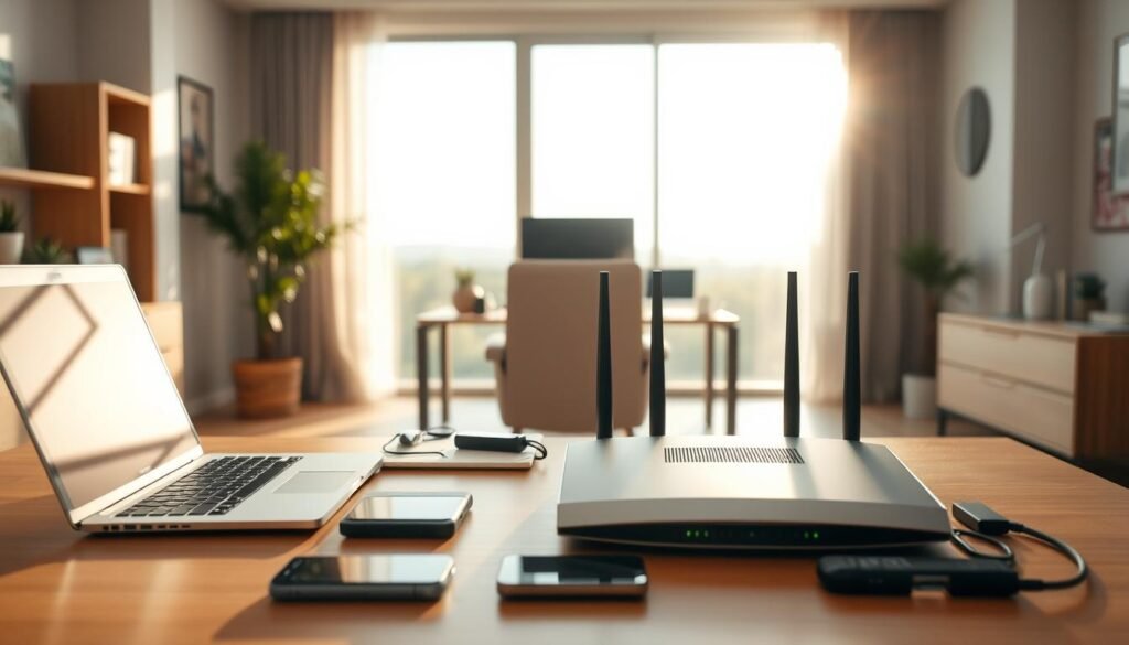 A modern, well-designed home office setting with a Telecombrother broadband router prominently displayed on the desk. The room is filled with natural light, creating a warm and inviting atmosphere. In the foreground, a laptop, a smartphone, and other technology accessories are neatly arranged, reflecting the subject's reliance on high-speed internet connectivity. The middle ground features a comfortable chair and a sleek, minimalist desk, while the background showcases a large window overlooking a tranquil outdoor scene. The overall composition conveys a sense of productivity, efficiency, and satisfaction with the Telecombrother broadband service.