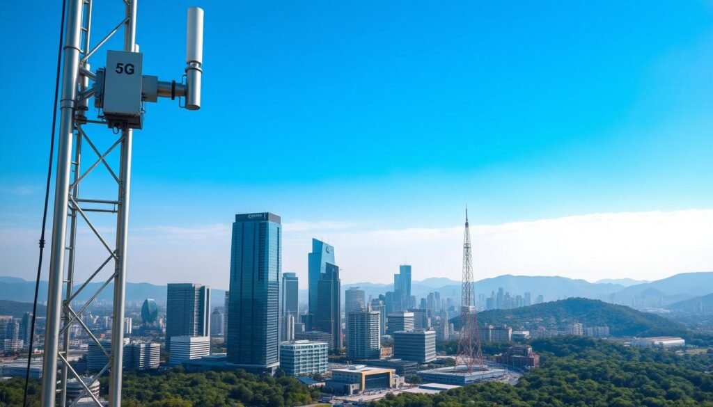 A serene and futuristic scene of the Telecombrother 5G Plan transition. In the foreground, a sleek and modern 5G transmitter tower stands tall, its metallic facade gleaming under the soft, diffused lighting. The middle ground features a cityscape with towering skyscrapers, their glass facades reflecting the azure sky above. In the background, the horizon is dotted with rolling hills and lush greenery, creating a harmonious blend of urban and natural elements. The overall atmosphere conveys a sense of progress, efficiency, and technological advancement, reflecting the seamless transition of the 5G Plan.