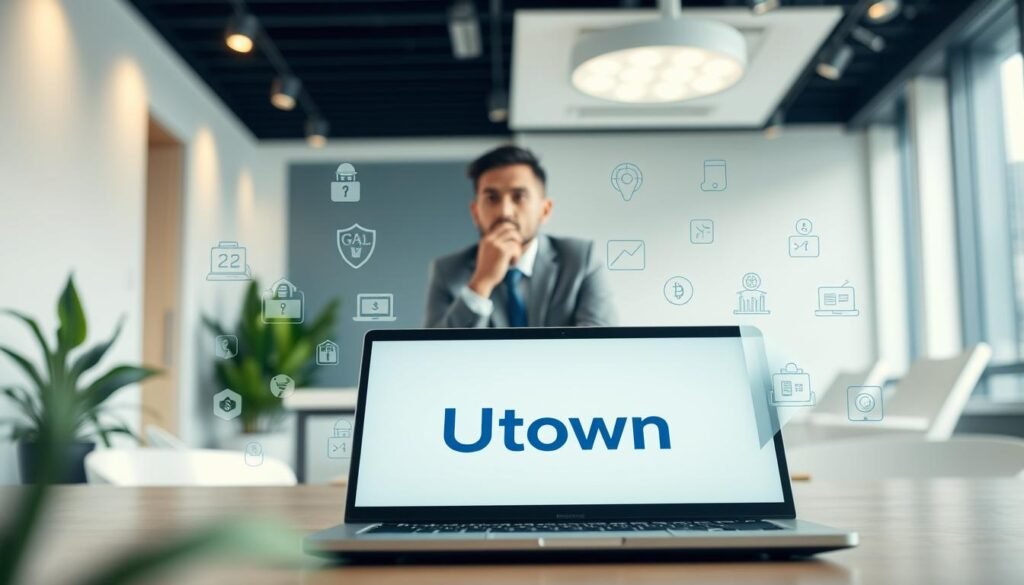 A serene office setting with a focus on the concept of "individual data protection". In the foreground, a laptop displays the UTown logo, surrounded by various icons and symbols representing cybersecurity, privacy, and personal information. The middle ground features a professional-looking person sitting at a desk, deep in thought, with a thoughtful expression. The background showcases a clean, minimalist workspace with subtle hints of green foliage, conveying a sense of balance and tranquility. The lighting is soft and diffused, creating a calming atmosphere. The overall scene evokes a sense of responsibility and care towards safeguarding individual data. A serene office setting with a focus on the concept of "individual data protection". In the foreground, a laptop displays the UTown logo, surrounded by various icons and symbols representing cybersecurity, privacy, and personal information. The middle ground features a professional-looking person sitting at a desk, deep in thought, with a thoughtful expression. The background showcases a clean, minimalist workspace with subtle hints of green foliage, conveying a sense of balance and tranquility. The lighting is soft and diffused, creating a calming atmosphere. The overall scene evokes a sense of responsibility and care towards safeguarding individual data.