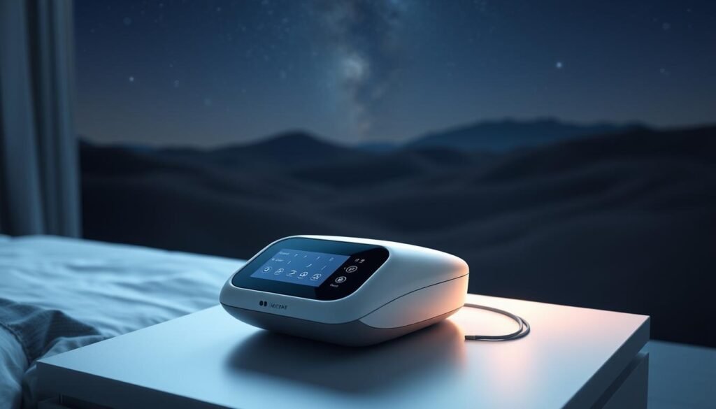 A sleek, state-of-the-art iCareCPAP sleep apnea device rests on a minimalist bedside table, its smooth, futuristic design complementing the serene, dimly lit bedroom. Soft, diffused lighting illuminates the device's intuitive control panel, showcasing its advanced AI-powered algorithms that optimize the patient's sleep cycle and breathing patterns. In the background, a tranquil landscape of rolling hills and a starry night sky creates a calming, therapeutic atmosphere, reflecting the device's ability to provide a restful, rejuvenating sleep experience. A sleek, state-of-the-art iCareCPAP sleep apnea device rests on a minimalist bedside table, its smooth, futuristic design complementing the serene, dimly lit bedroom. Soft, diffused lighting illuminates the device's intuitive control panel, showcasing its advanced AI-powered algorithms that optimize the patient's sleep cycle and breathing patterns. In the background, a tranquil landscape of rolling hills and a starry night sky creates a calming, therapeutic atmosphere, reflecting the device's ability to provide a restful, rejuvenating sleep experience.
