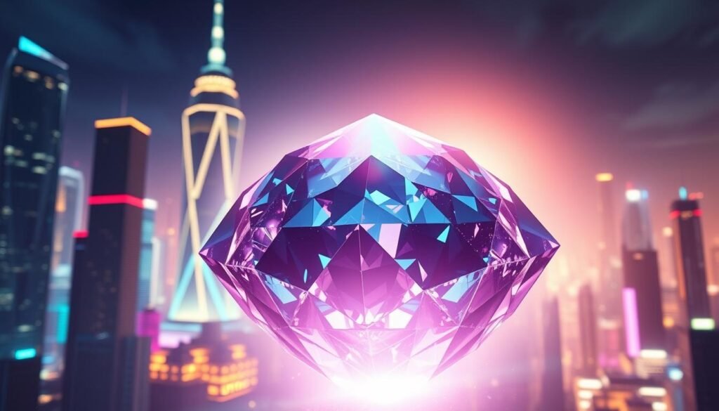 A visually striking rendering of the secure and transparent nature of blockchain-based hash games, as embodied by the UTown entertainment platform. A futuristic cityscape serves as the backdrop, with gleaming towers and a vibrant, neon-infused skyline. In the foreground, a faceted, crystalline structure symbolizes the immutable and verifiable nature of hash game outcomes, its facets refracting light in mesmerizing patterns. The structure is enveloped in a soft, ambient glow, conveying a sense of digital mystique and technological sophistication. The overall composition evokes a harmonious blend of technological prowess and user-centric design, exemplifying the UTown brand's commitment to delivering a secure and captivating gaming experience. A visually striking rendering of the secure and transparent nature of blockchain-based hash games, as embodied by the UTown entertainment platform. A futuristic cityscape serves as the backdrop, with gleaming towers and a vibrant, neon-infused skyline. In the foreground, a faceted, crystalline structure symbolizes the immutable and verifiable nature of hash game outcomes, its facets refracting light in mesmerizing patterns. The structure is enveloped in a soft, ambient glow, conveying a sense of digital mystique and technological sophistication. The overall composition evokes a harmonious blend of technological prowess and user-centric design, exemplifying the UTown brand's commitment to delivering a secure and captivating gaming experience.