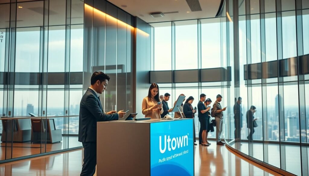 An interior scene of a modern financial institution, with sleek glass walls and a minimalist design. In the foreground, a UTown branded desk or kiosk, where a banking representative assists a customer, explaining the seamless withdrawal process. The middle ground features a queue of patrons, each engrossed in their mobile devices, reflecting the efficiency and convenience of the UTown platform. The background showcases a panoramic view of the city skyline, conveying a sense of prosperity and progress. The lighting is warm and inviting, creating a welcoming atmosphere. The composition emphasizes the user-centric focus of the UTown service, highlighting its speed and reliability. An interior scene of a modern financial institution, with sleek glass walls and a minimalist design. In the foreground, a UTown branded desk or kiosk, where a banking representative assists a customer, explaining the seamless withdrawal process. The middle ground features a queue of patrons, each engrossed in their mobile devices, reflecting the efficiency and convenience of the UTown platform. The background showcases a panoramic view of the city skyline, conveying a sense of prosperity and progress. The lighting is warm and inviting, creating a welcoming atmosphere. The composition emphasizes the user-centric focus of the UTown service, highlighting its speed and reliability.