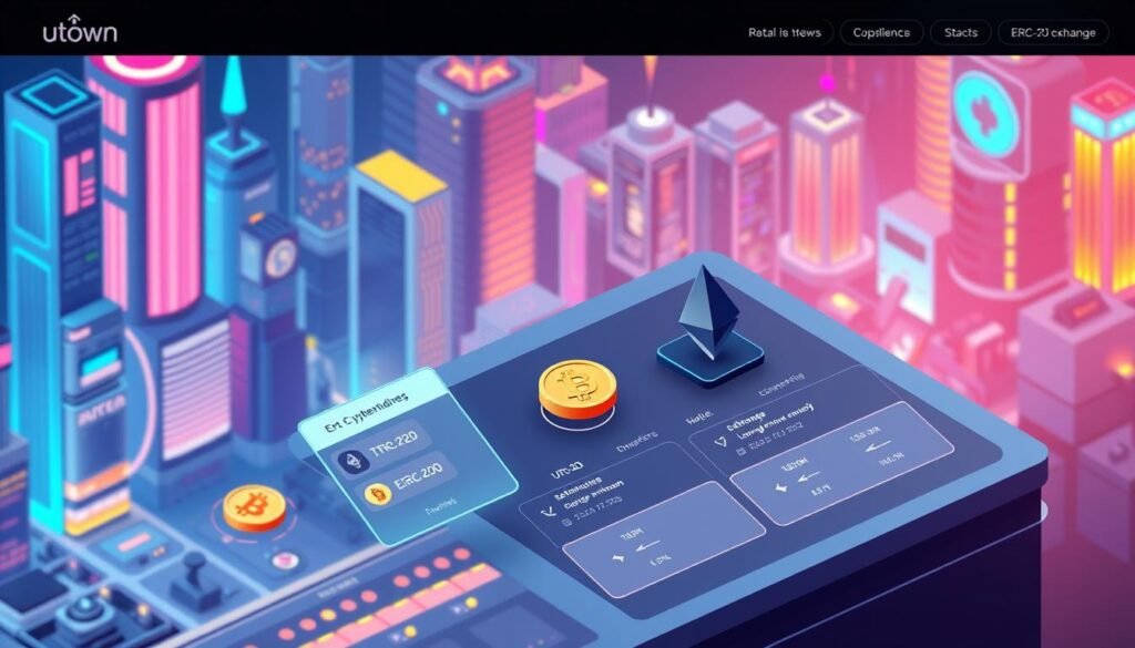 An isometric illustration of a cryptocurrency exchange interface, featuring various cryptocurrencies including Bitcoin, Ethereum, and UTown's native token. The scene depicts a futuristic, neon-lit cityscape in the background, with a sleek and intuitive user interface in the foreground. The UI showcases options for exchanging, transferring, and managing TRC-20 and ERC-20 wallets, reflecting the capabilities of the UTown entertainment platform. The overall aesthetic conveys a sense of technological advancement, financial security, and seamless integration of cryptocurrency transactions.