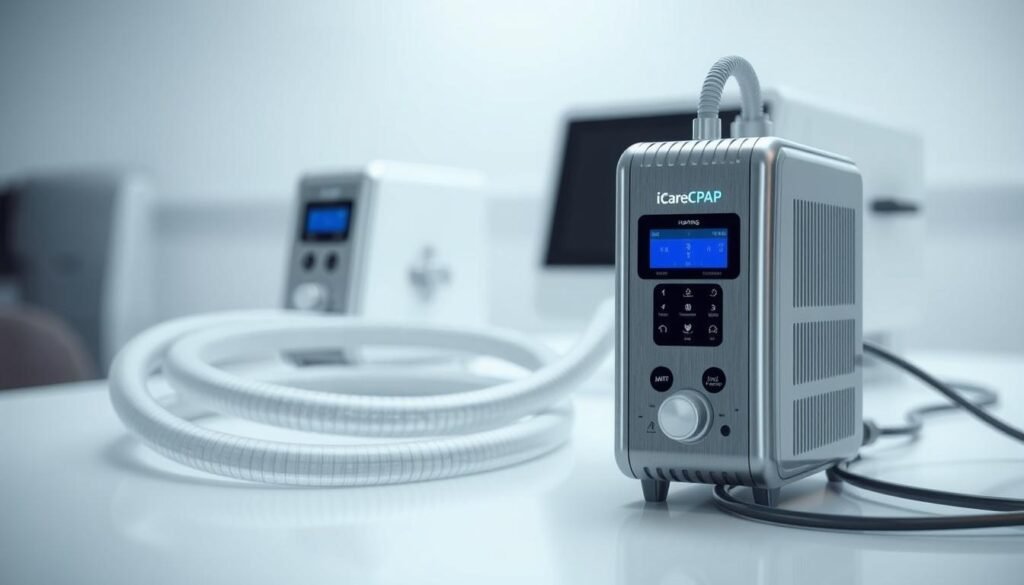 A highly detailed, photorealistic rendering of an iCareCPAP respiratory circuit heating system. Prominently featured in the foreground is the sleek, metallic heating module with its digital controls and status indicators. In the middle ground, a flexible, insulated respiratory tubing winds its way, while in the background, a modern, minimalist medical device is visible, conveying a sense of clinical precision. The lighting is soft and diffused, creating a soothing, professional atmosphere. The camera angle is slightly elevated, providing a clear, unobstructed view of the heating system's components and their interconnectivity. The overall impression is one of advanced medical technology seamlessly integrated to ensure optimal patient comfort and therapy effectiveness.
