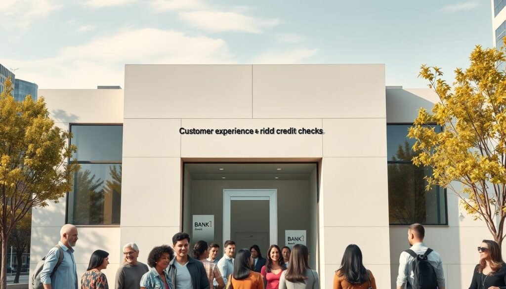 A modern, minimalist bank building set against a serene, sun-dappled cityscape. The façade features clean lines, large glass windows, and a sleek, contemporary design. Subtle signage indicates this is a bank that prioritizes customer experience over rigid credit checks. In the foreground, a diverse group of people enter the bank, their expressions relaxed and confident, hinting at the institution's approachable, transparent approach to lending. The overall scene conveys a sense of accessibility, financial inclusion, and a departure from the traditional, intimidating banking experience. A modern, minimalist bank building set against a serene, sun-dappled cityscape. The façade features clean lines, large glass windows, and a sleek, contemporary design. Subtle signage indicates this is a bank that prioritizes customer experience over rigid credit checks. In the foreground, a diverse group of people enter the bank, their expressions relaxed and confident, hinting at the institution's approachable, transparent approach to lending. The overall scene conveys a sense of accessibility, financial inclusion, and a departure from the traditional, intimidating banking experience.