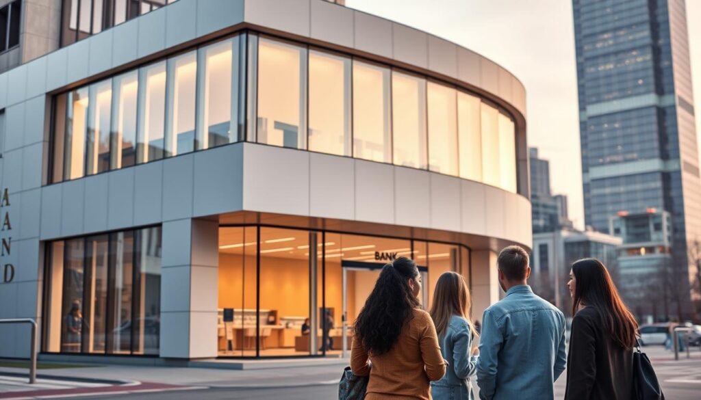 A modern, sleek bank building set against a cityscape backdrop. The façade features clean lines, large glass windows, and a minimalist design aesthetic. The lighting is soft and warm, creating a welcoming atmosphere. In the foreground, a group of diverse individuals are engaged in conversation, suggesting a focus on personalized customer service. The overall scene conveys a sense of trust, reliability, and a departure from traditional banking experiences that emphasize credit checks. The image should evoke a progressive, customer-centric banking institution that prioritizes accessibility and inclusivity over rigid policies. A modern, sleek bank building set against a cityscape backdrop. The façade features clean lines, large glass windows, and a minimalist design aesthetic. The lighting is soft and warm, creating a welcoming atmosphere. In the foreground, a group of diverse individuals are engaged in conversation, suggesting a focus on personalized customer service. The overall scene conveys a sense of trust, reliability, and a departure from traditional banking experiences that emphasize credit checks. The image should evoke a progressive, customer-centric banking institution that prioritizes accessibility and inclusivity over rigid policies.