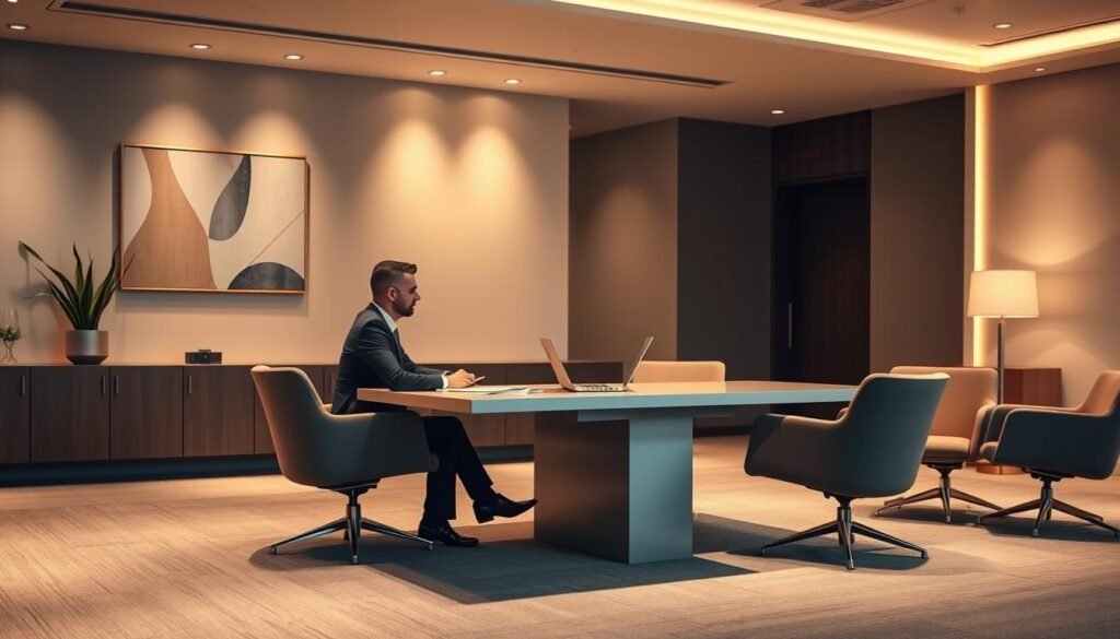 A sleek, modern banking office interior with a large desk and comfortable chairs. The desk features a laptop, papers, and a pen, suggesting a private consultation space. Warm, indirect lighting casts a soft glow, creating an atmosphere of professionalism and trust. The walls are adorned with minimalist, abstract artwork, and the floor is covered in a plush, neutral-toned carpet. In the foreground, a well-dressed bank representative sits across from a client, discussing a customized loan plan that does not require a credit check, conveying a sense of personalized financial solutions. A sleek, modern banking office interior with a large desk and comfortable chairs. The desk features a laptop, papers, and a pen, suggesting a private consultation space. Warm, indirect lighting casts a soft glow, creating an atmosphere of professionalism and trust. The walls are adorned with minimalist, abstract artwork, and the floor is covered in a plush, neutral-toned carpet. In the foreground, a well-dressed bank representative sits across from a client, discussing a customized loan plan that does not require a credit check, conveying a sense of personalized financial solutions.