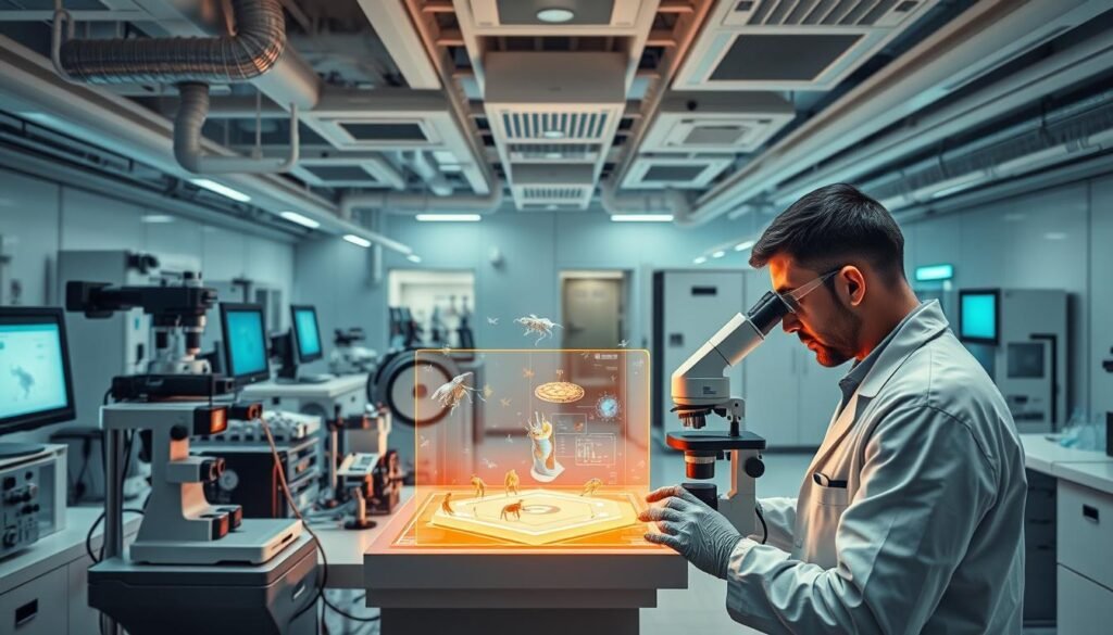A state-of-the-art iCareCPAP pest control technology laboratory, with sleek and modern equipment. In the foreground, a technician in a white lab coat examines a sample under a high-powered microscope. Surrounding them, an array of cutting-edge tools and devices used for pest identification, analysis, and targeted treatment. The middle ground features a holographic display showcasing real-time data and scientific simulations. In the background, a panoramic view of the facility, with clean, minimalist design and advanced ventilation systems. The atmosphere conveys a sense of professionalism, innovation, and a dedication to effective and environmentally-conscious pest management solutions.