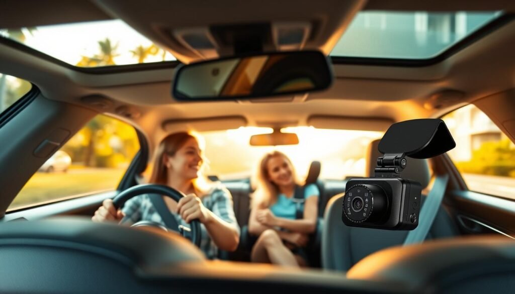 A modern car interior showcasing a family setting during a summer commute. In the foreground, a user-friendly car dash cam is prominently displayed, highlighting its voice control feature. The middle scene features a mother in casual attire safely driving with her child in a booster seat, both engaged in a relaxed conversation. Warm sunlight filters through the car windows, creating a bright and cheerful atmosphere. The background captures blurred glimpses of a suburban street, emphasizing the everyday commuting context. Use a soft focus to evoke a sense of safety and reliability, with balanced natural lighting to enhance the inviting environment. The angle should be slightly tilted downwards to focus on the dash cam and the engaged mother-child duo.