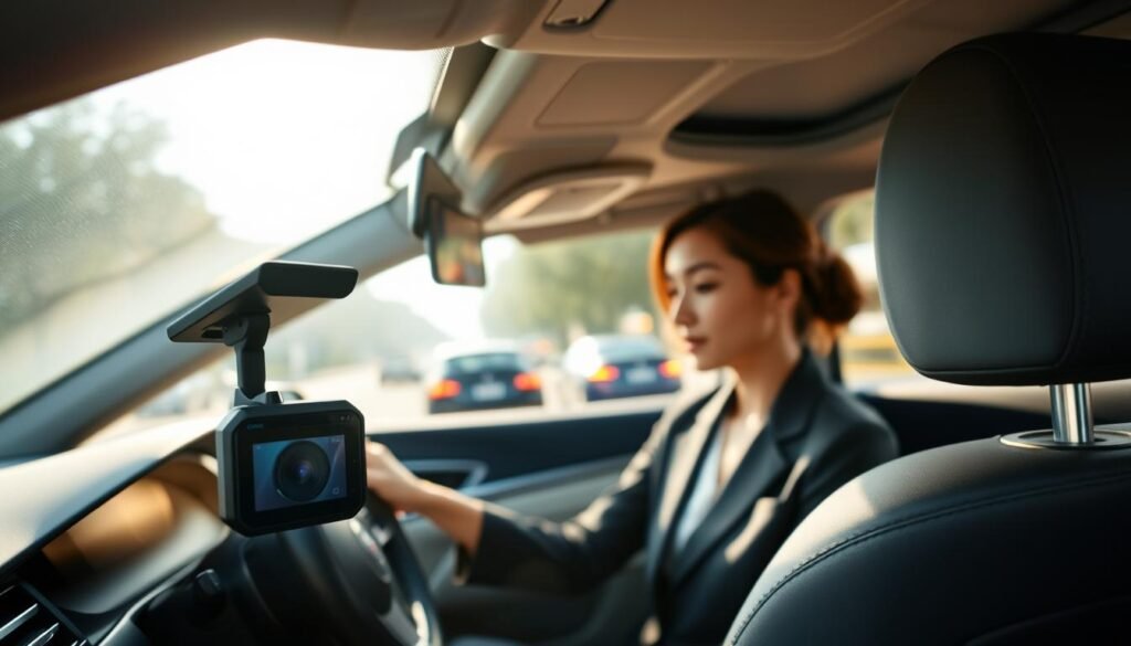 A sleek, modern car interior featuring a cutting-edge car dashcam equipped with optical anti-shake technology, focusing on a neatly integrated device mounted on the windshield. In the foreground, the camera is sharply in focus, revealing its advanced lens and digital display. The middle ground captures the driver, a carefully dressed female wearing a professional outfit, interacting with the dashcam's voice control feature, her expression focused and confident. The background shows a blurred street scene, hinting at a sunny day with trees and vehicles passing by, enhancing the sense of motion. Soft, natural lighting streams through the windshield, creating a warm atmosphere that highlights the importance of safety and innovation in family commuting.