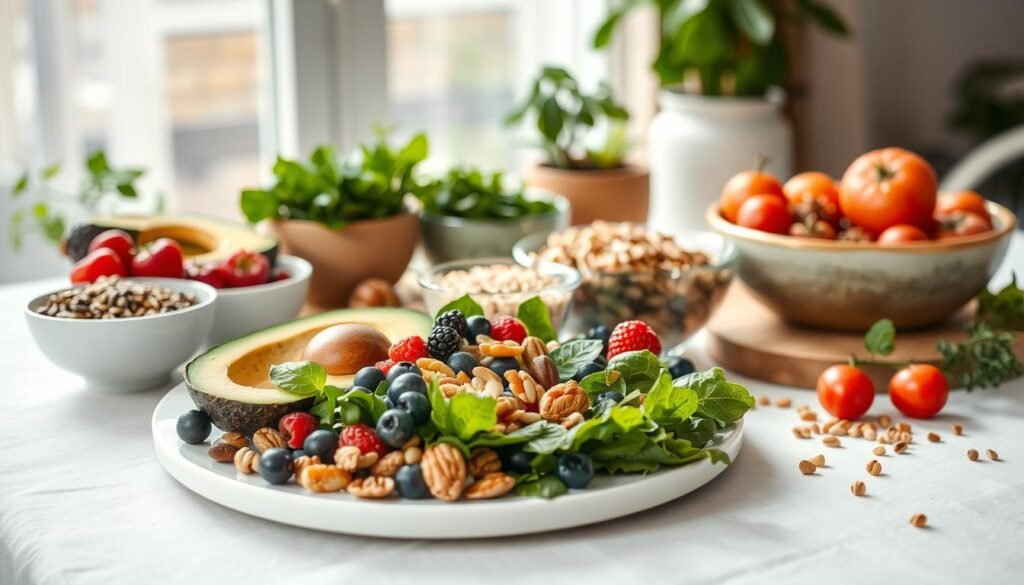 A beautifully arranged table featuring a variety of nutritious foods related to dietary methods for enhancing breast health. In the foreground, focus on an elegant plate brimming with fresh fruits like avocados, berries, and nuts, symbolizing health and vitality. In the middle, showcase bowls filled with leafy greens, seeds, and wholesome grains, emphasizing the importance of a balanced diet. The background should feature soft, diffused natural light streaming through a window, creating an inviting atmosphere. Add mild greenery, like potted herbs, to enhance the freshness of the scene. The overall mood should convey a sense of well-being and empowerment through healthy eating habits. No people or text should be present in the image.