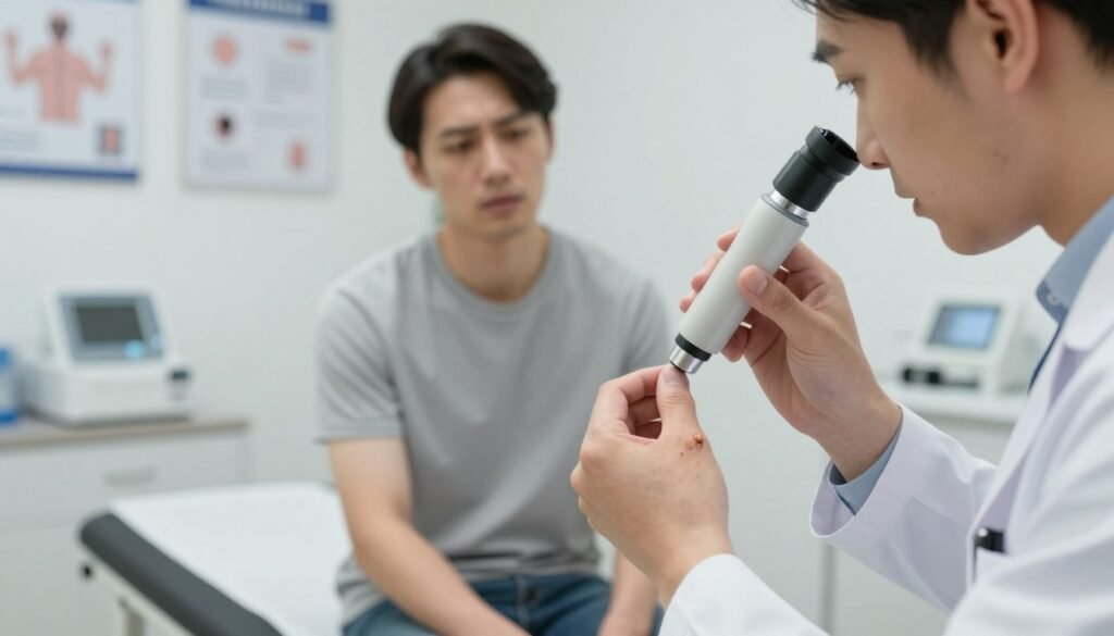 A close-up view of a professional dermatologist examining a virus wart on a patient's hand in a clinical setting. In the foreground, the doctor, dressed in a white lab coat, uses a dermatoscope to assess the wart’s condition, emphasizing the importance of wart removal. The middle layer features the patient, who looks concerned but reassured, sitting on an examination table. The background showcases medical equipment and posters about wart treatments in a well-lit clinic with soft, calming lighting to create a professional atmosphere. The perspective is slightly angled to focus on the interaction between the doctor and patient, highlighting the importance of treating warts for health and prevention.