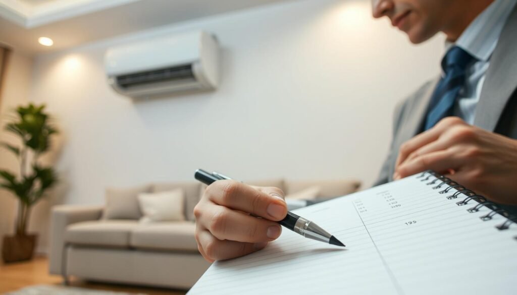 A close-up scene in an indoor setting depicting a professional recording the location and time of water leakage from a split air conditioning unit. In the foreground, a detailed notebook with clear entries and a pen, focused on specific times and dates, highlighting the importance of documentation. The middle layer features a modern split air conditioning unit installed near a window, showing visible water droplets and slight discoloration on the wall. The background includes a well-lit living room with neutral tones and soft shadows, creating a calm atmosphere. The lighting is warm and inviting, emphasizing attention to detail. The person is dressed in professional business attire, intently focusing on the recorded information to convey a sense of seriousness and methodical follow-up. A close-up scene in an indoor setting depicting a professional recording the location and time of water leakage from a split air conditioning unit. In the foreground, a detailed notebook with clear entries and a pen, focused on specific times and dates, highlighting the importance of documentation. The middle layer features a modern split air conditioning unit installed near a window, showing visible water droplets and slight discoloration on the wall. The background includes a well-lit living room with neutral tones and soft shadows, creating a calm atmosphere. The lighting is warm and inviting, emphasizing attention to detail. The person is dressed in professional business attire, intently focusing on the recorded information to convey a sense of seriousness and methodical follow-up.