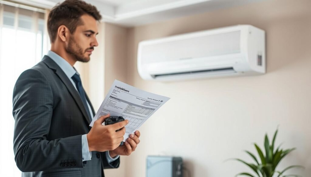 A well-lit, professional workspace showcasing a split air conditioning unit installation. In the foreground, a close-up of a skilled technician, dressed in sleek business attire, holding an installation receipt and a digital camera aimed at the unit, capturing essential details. The middle ground features the air conditioning unit installed neatly against a wall, with visible water droplets to illustrate the issue. The background includes an indoor setting with neutral-toned walls, highlighting the professionalism and cleanliness of the environment. Soft, natural light illuminates the scene, emphasizing clarity and focus. The overall atmosphere is one of diligence and communication, reflecting the importance of proper documentation in maintenance conversations. A well-lit, professional workspace showcasing a split air conditioning unit installation. In the foreground, a close-up of a skilled technician, dressed in sleek business attire, holding an installation receipt and a digital camera aimed at the unit, capturing essential details. The middle ground features the air conditioning unit installed neatly against a wall, with visible water droplets to illustrate the issue. The background includes an indoor setting with neutral-toned walls, highlighting the professionalism and cleanliness of the environment. Soft, natural light illuminates the scene, emphasizing clarity and focus. The overall atmosphere is one of diligence and communication, reflecting the importance of proper documentation in maintenance conversations.